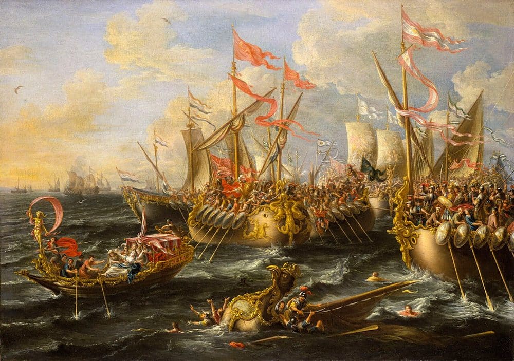 Roman war galleys ramming and boarding at the Battle of Actium, 31 BC
