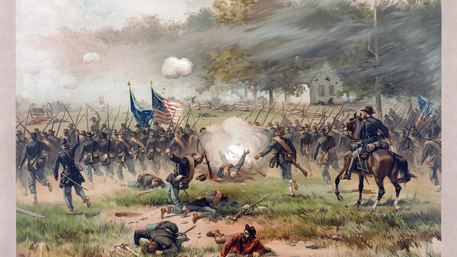 Union and Confederate infantry clash across a cornfield and sunken road near Antietam Creek in September 1862