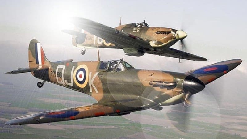 RAF fighters climbing to intercept Luftwaffe bombers over England, 1940