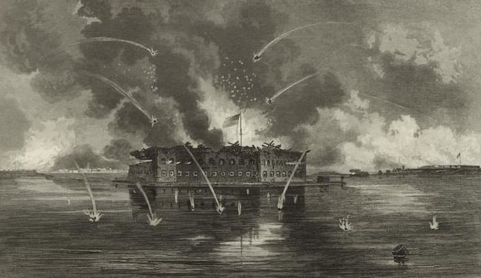Fort Sumter under bombardment in Charleston Harbor at dawn in April 1861