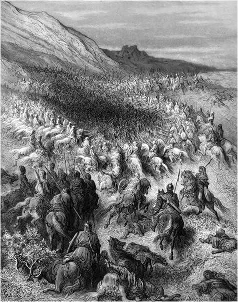 Crusader knights struggling in the dust and heat beneath the twin hills known as the Horns of Hattin