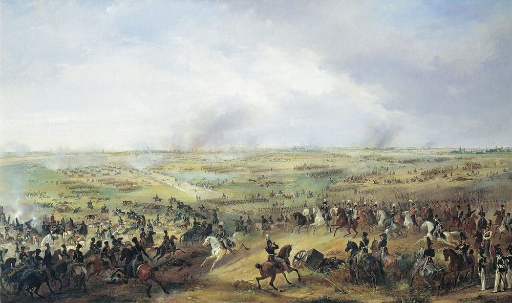 Massed Napoleonic infantry and cavalry clashing around Leipzig in 1813