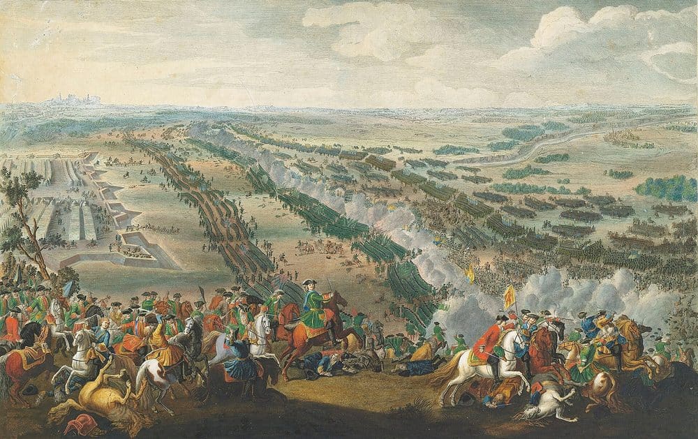 Russian and Swedish infantry clashing on the open plain outside Poltava in 1709