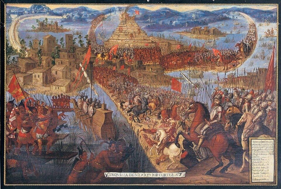 The island city of Tenochtitlan under siege on its lake, with causeways and canoes in 1521