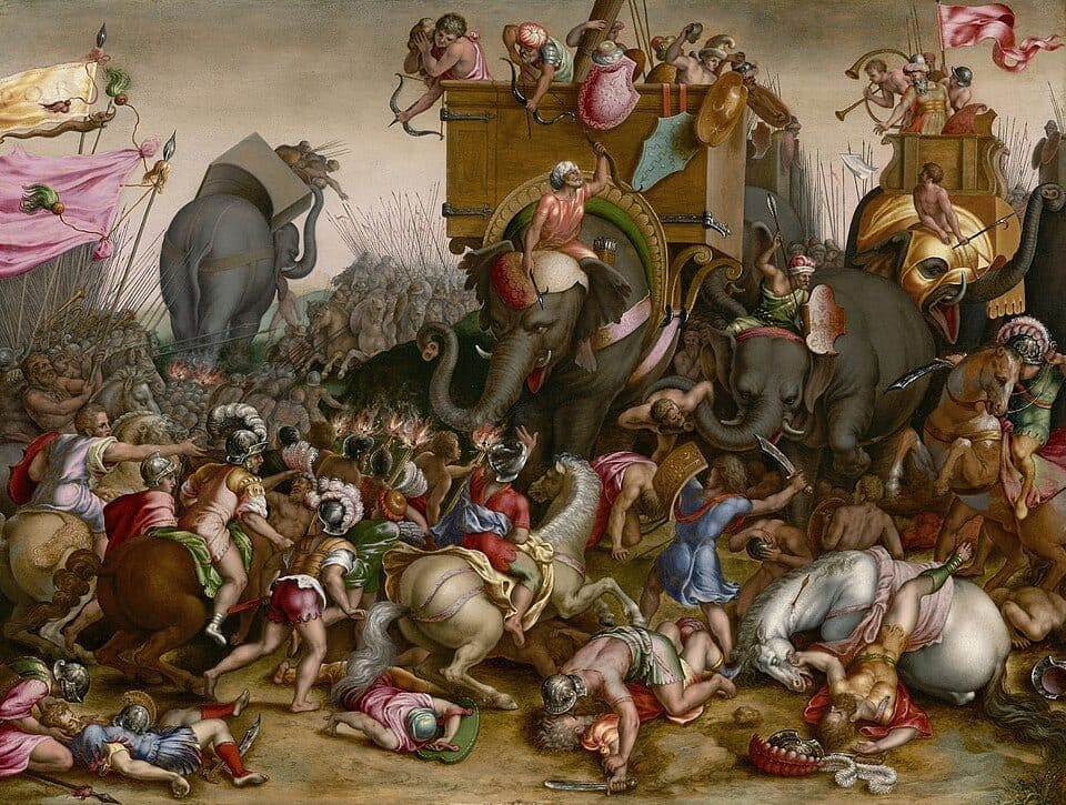 Roman legions meeting Carthaginian war elephants at the Battle of Zama, 202 BC